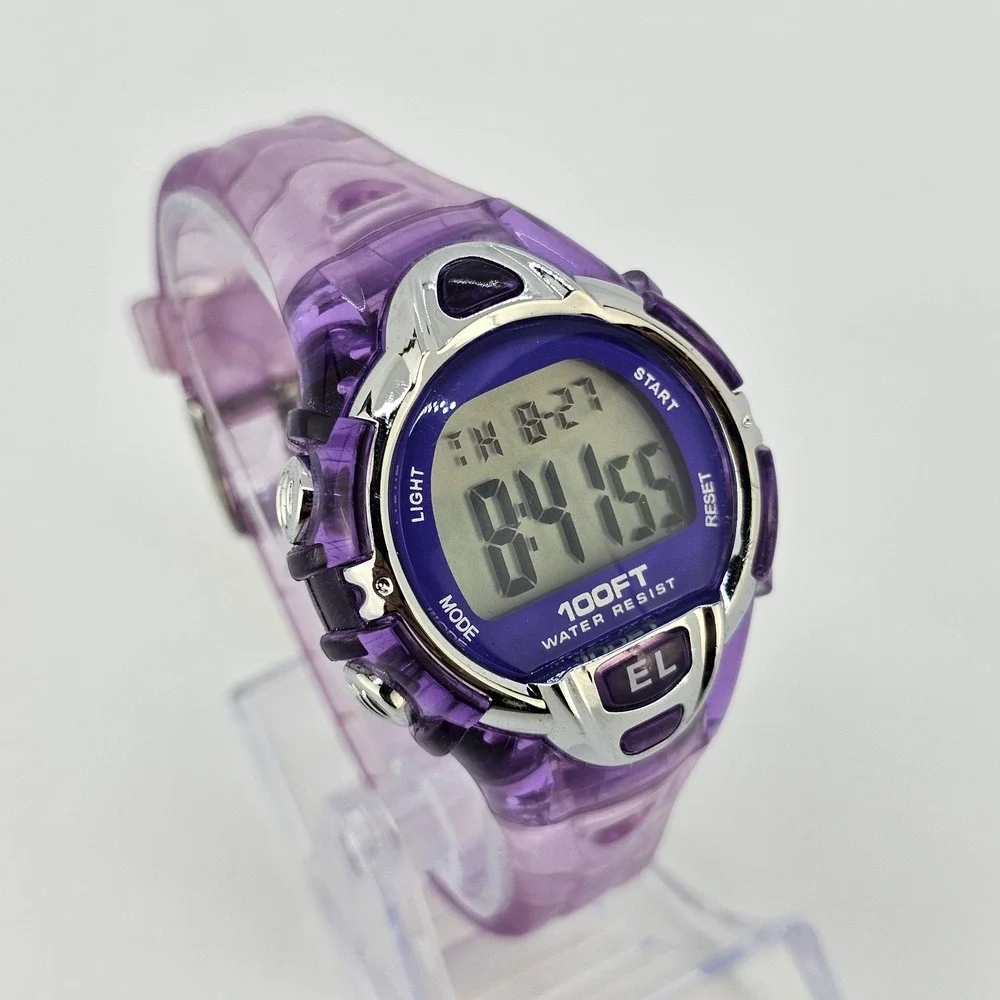 Women's Sports Digital Watch 36MM Pink Purple Plastic Case Bands NEW Battery